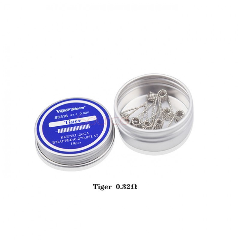 Vapor Storm SS316 Prebuild Coil Wires Tiger 0.32ohm for Rebuildable Atomizers 26GA+0.2*0.8FLAT 10pcs 